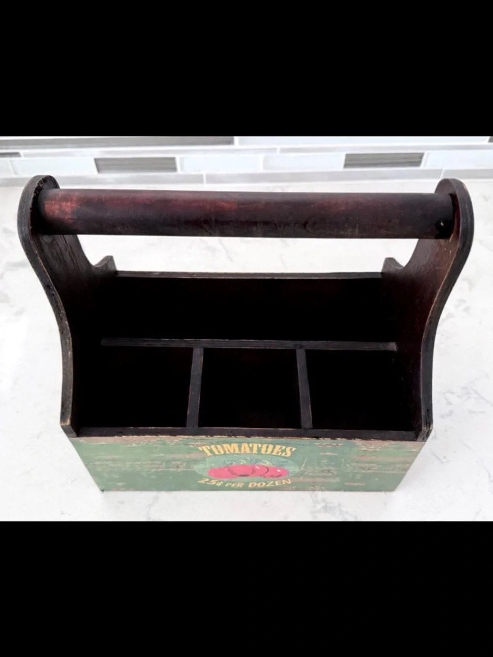 Farmhouse Wood Caddy Organizer Vintage Tomatoes Sunflower Seeds Two-Sided Box